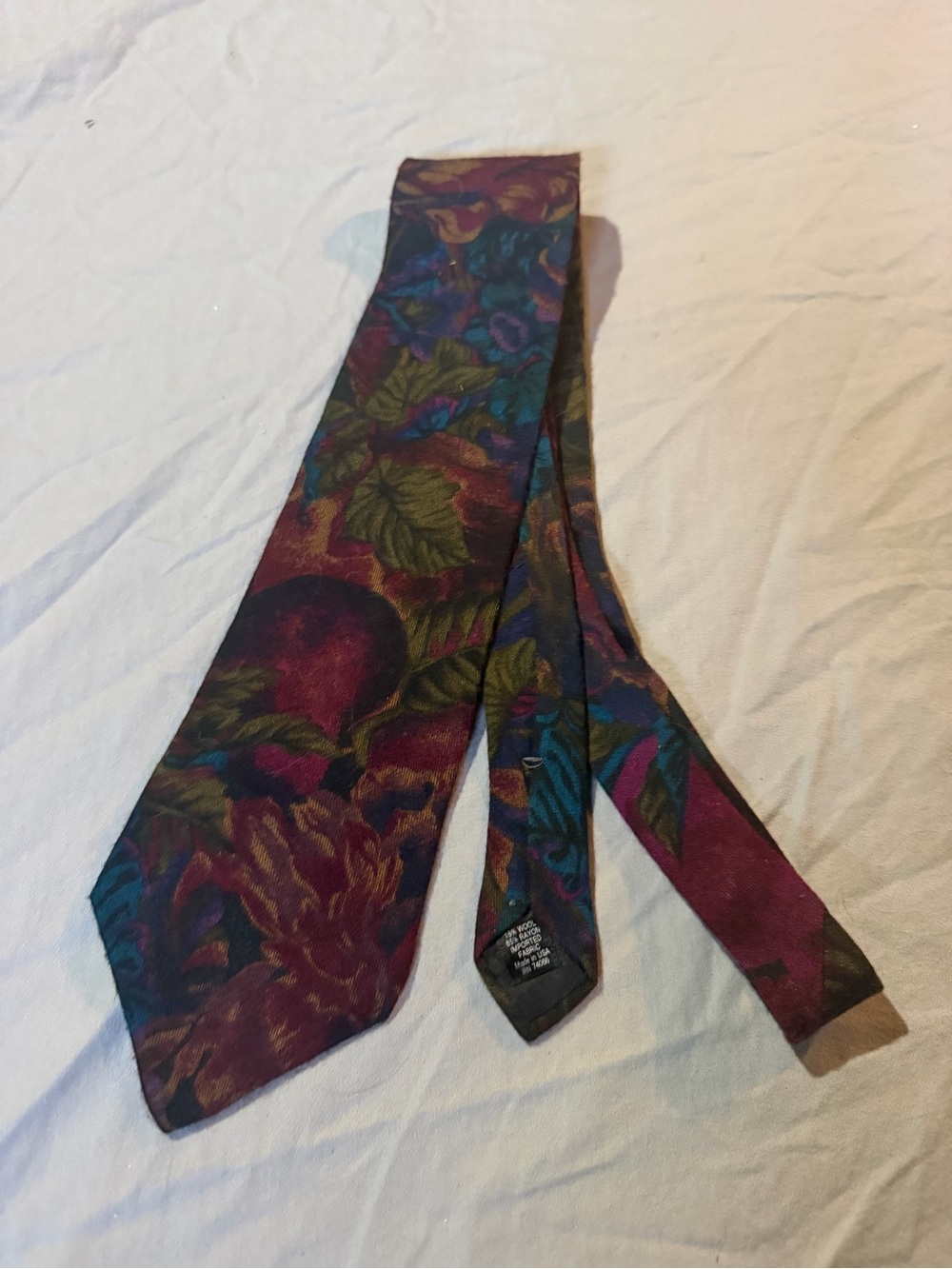 Men's Floral Burgundy Tie with Green & Blue Leaf Motif